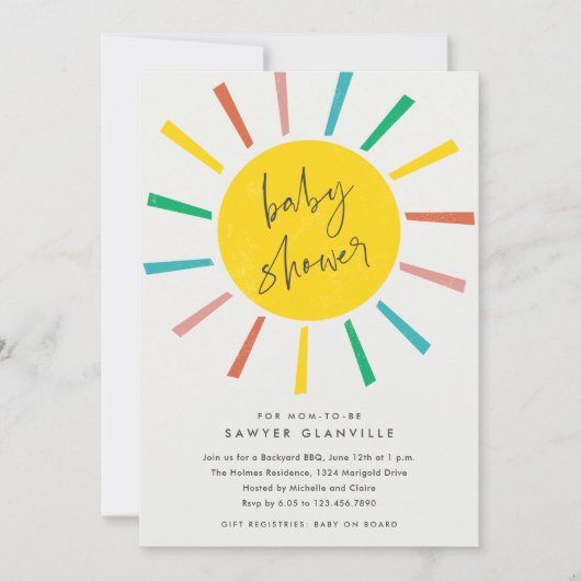 Rainbow Sun Script Moderne Babydusche Einladung (Vorderseite)