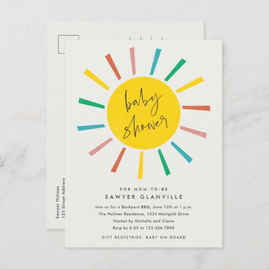 Rainbow Sun Script Moderne Babydusche Einladungspostkarte (Vorne/Hinten)