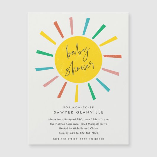 Rainbow Sun Script Moderne Babydusche Magneteinladung (Vorderseite)