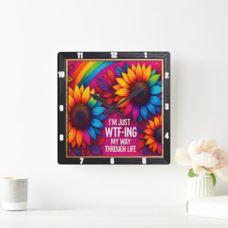 Rainbow Sunflower Quadratische Wanduhr