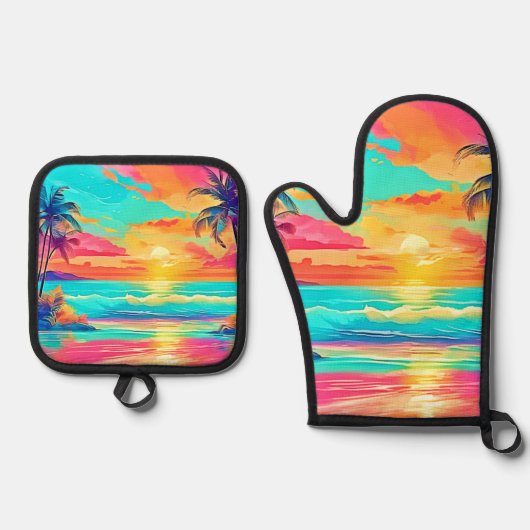 Rainbow Sunset Beach Ofenhandschuh & Topflappen-Set (Vorderseite)