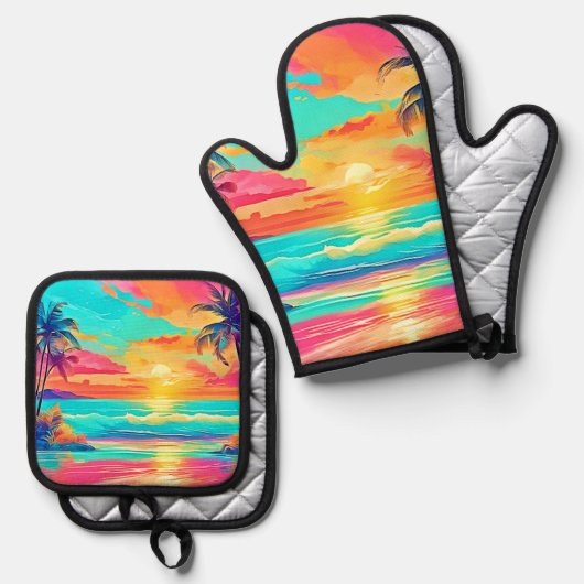 Rainbow Sunset Beach Ofenhandschuh & Topflappen-Set (Vorderseite/Rückseite)