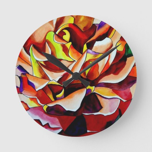 Rainbow Sunset Rose Aquarell Originale Kunst Runde Wanduhr (Vorderseite)