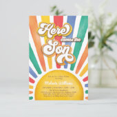 Rainbow Sunshine Baby Shower Hier kommt der Sohn Einladung (Stehend Vorderseite)