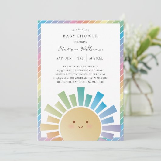 Rainbow Sunshine Gender Neutral Baby Shower Einladung (Stehend Vorderseite)