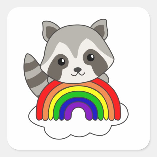 Rainbow Sweet Animals Colorful Raccoon Quadratischer Aufkleber (Vorderseite)