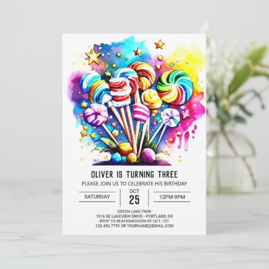 Rainbow Sweet Lollipop Birthday Einladung (Stehend Vorderseite)