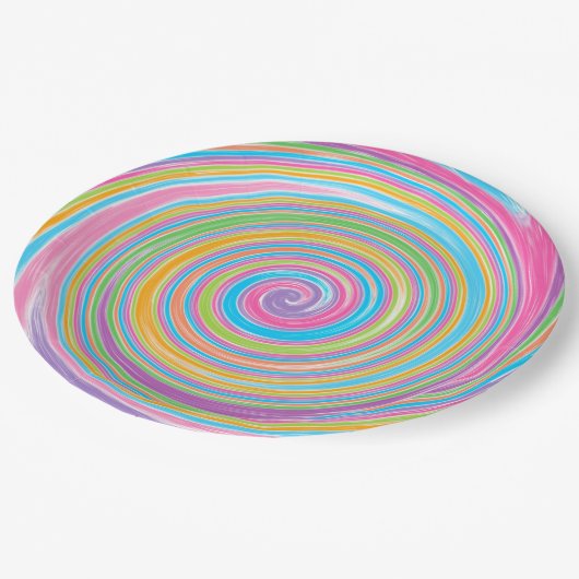 Rainbow-Swirbelmuster Pappteller (Schrägansicht)