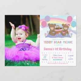Rainbow Teddy Bear Picnic 1. Geburtstag Girl Foto Einladung