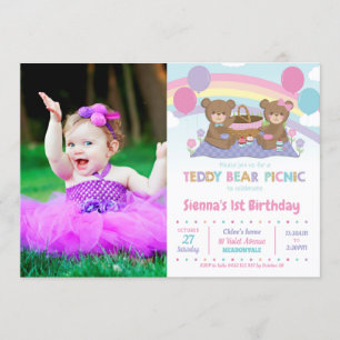 Rainbow Teddy Bear Picnic 1. Geburtstag Girl Foto Einladung
