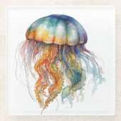 Rainbow Tides Jellyfish: Wasserfarben Kunst Glasuntersetzer (Vorderseite)