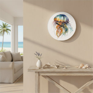 Rainbow Tides Jellyfish: Wasserfarben Kunst Große Wanduhr