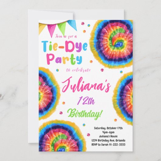 Rainbow Tiedye Birthday Einladung (Vorderseite)