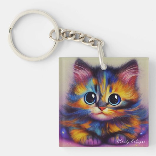 Rainbow Tortie Kitten Acrylic Schlüsselanhänger (Vorderseite)