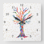 Rainbow Tree Gold Stars Quadratische Wanduhr (Vorderseite)