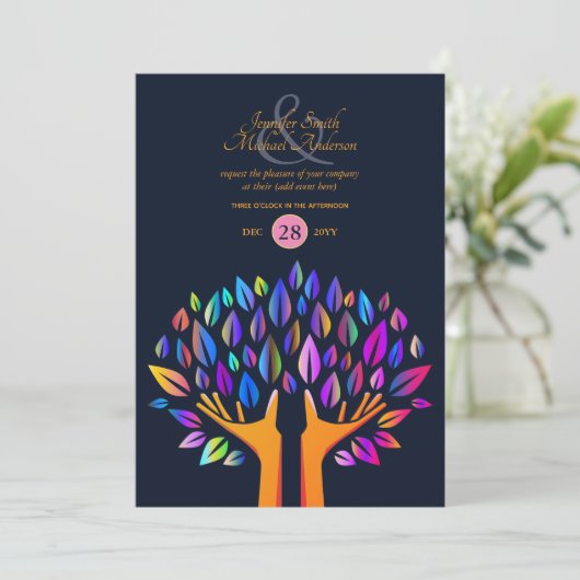 Rainbow Tree of Life COUPLES Event Navy Gold Einladung (Stehend Vorderseite)