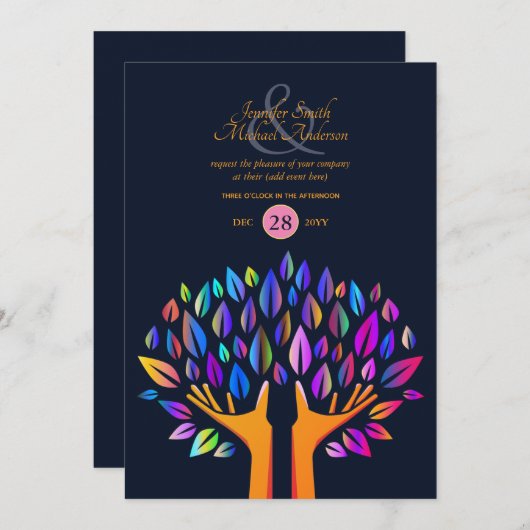 Rainbow Tree of Life COUPLES Event Navy Gold Einladung (Vorne/Hinten)