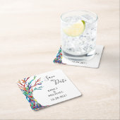 Rainbow Tree Wedding Save the Date Rechteckiger Pappuntersetzer (Vor Ort)