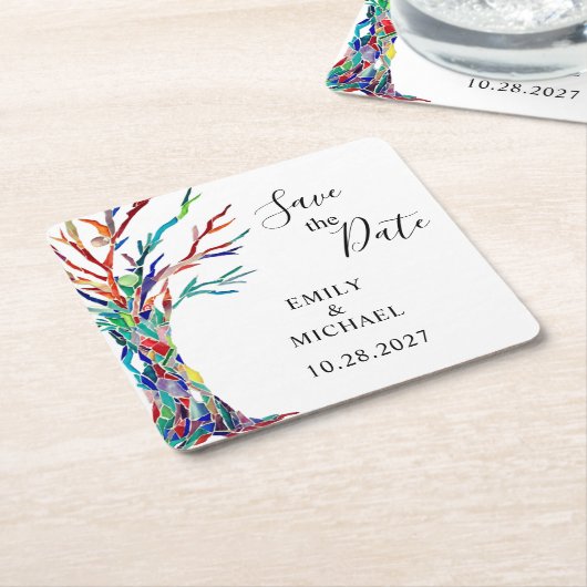Rainbow Tree Wedding Save the Date Rechteckiger Pappuntersetzer (angewinkelt)