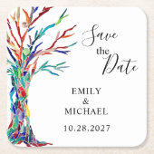 Rainbow Tree Wedding Save the Date Rechteckiger Pappuntersetzer (Vorderseite)