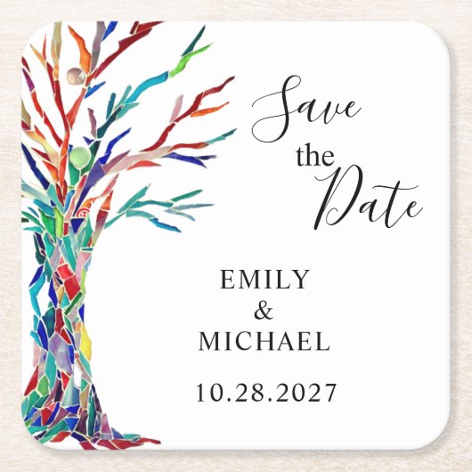 Rainbow Tree Wedding Save the Date Rechteckiger Pappuntersetzer (Vorderseite)