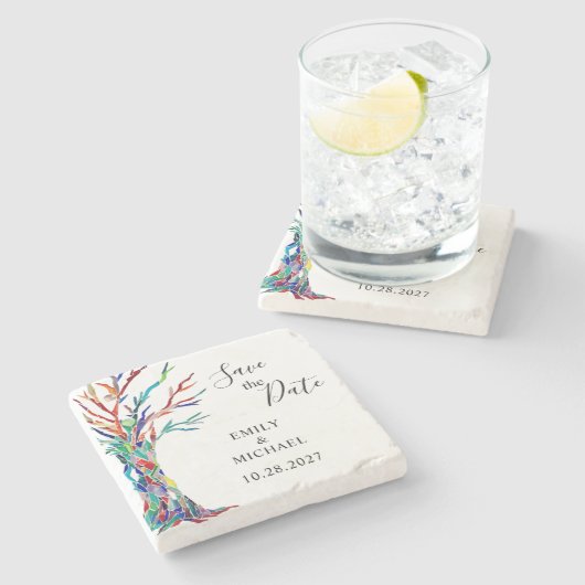 Rainbow Tree Wedding Save the Date Stone Untersetz Steinuntersetzer (Seitenansicht)