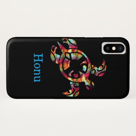 Rainbow Tribal Hawaiian Sea Turtle auf Schwarz Case-Mate iPhone Hülle (Rückseite (Horizontal))