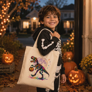 Rainbow Trick or Treat T-Rex Skeleton Tote Bag Tragetasche