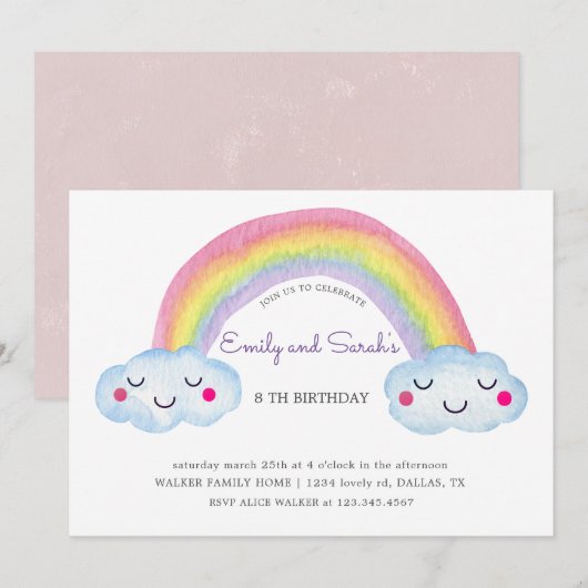 Rainbow Twins Birthday Einladung (Vorne/Hinten)