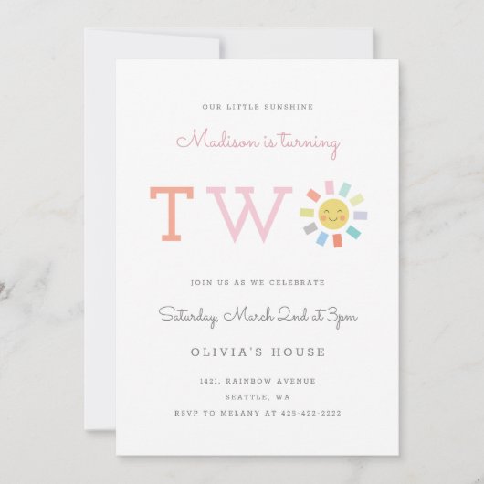 Rainbow Two Kindergeburtstagssonne Einladung (Vorderseite)