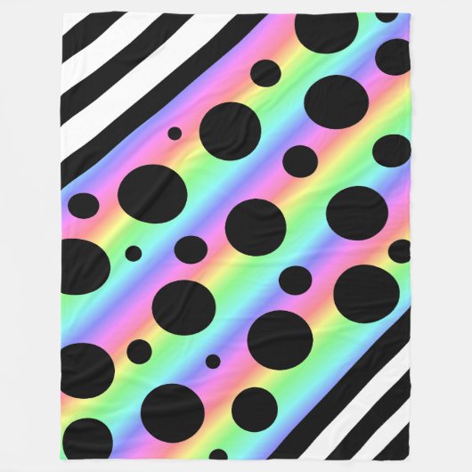 Rainbow und Black Polka Dots and Stripes Blanket Fleecedecke (Vorderseite)