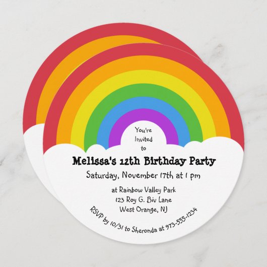 Rainbow und Clouds Round-Party Einladung (Vorne/Hinten)
