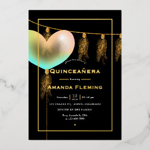 Rainbow und Gold und Schwarz Quinceañera Folieneinladung