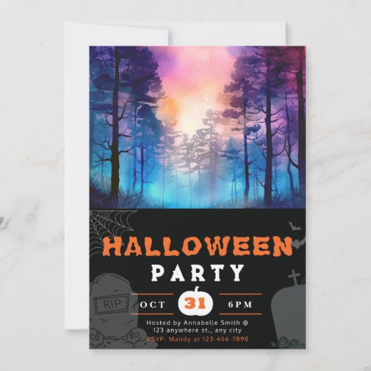 Rainbow und Moonlit Forest Black Halloween Einladung (Vorderseite)