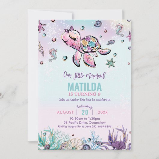 Rainbow Under Sea Turtle Coral Birthday Party Einladung (Vorderseite)