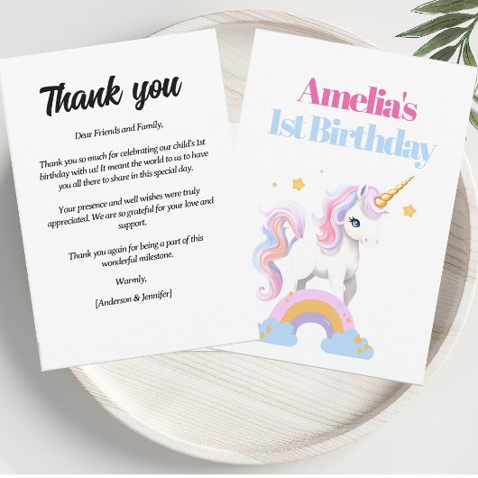 Rainbow Unicorn 1. Geburtstag Dankeskarte