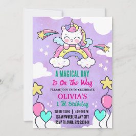 Rainbow Unicorn 1. Geburtstagsparty Girl Einladung