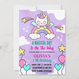 Rainbow Unicorn 1. Geburtstagsparty Girl Einladung