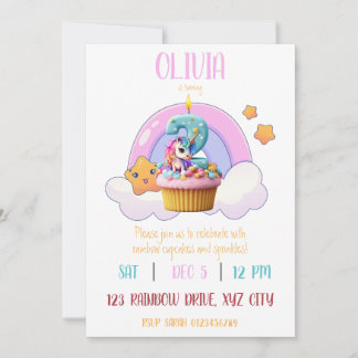 Rainbow Unicorn 2. Geburtstag Party Cupcake Einladung