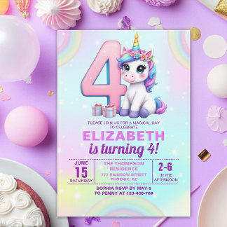 Rainbow Unicorn 4th Birthday for Girls” Einladung