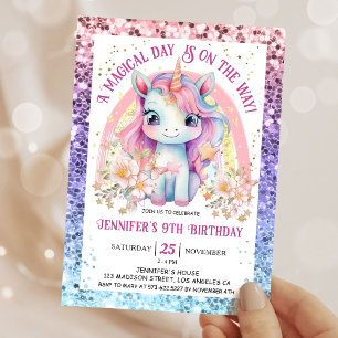 Rainbow Unicorn 9. Geburtstag Girl Pink Modern Einladung
