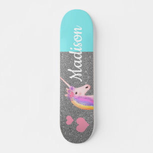 Rainbow Unicorn Aquamarin Silver Glitzer Personali Skateboard