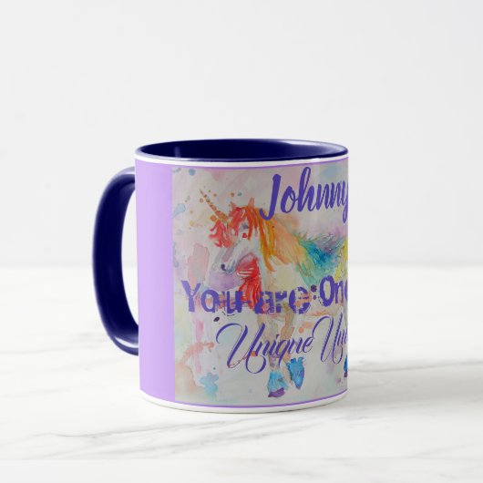 Rainbow Unicorn Aquarellfarben Kinder Name Tasse (Vorderseite Links)
