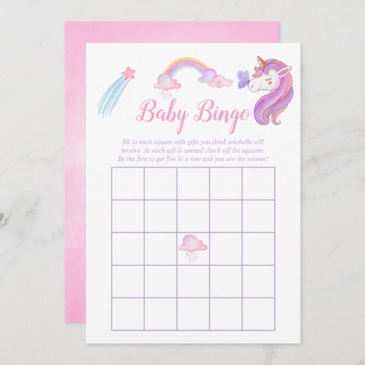 Rainbow Unicorn Baby Girl Dusche Bingo Einladung (Vorne/Hinten)