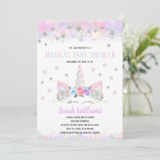 Rainbow Unicorn Baby Shower Invitation Einladung (Stehend Vorderseite)