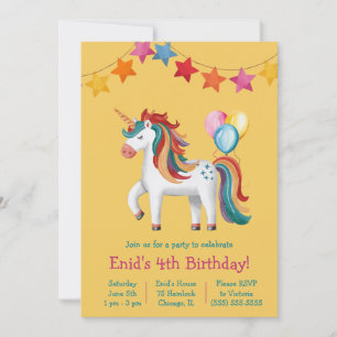 Rainbow Unicorn, Balloons & Banner Birthday Party Einladung