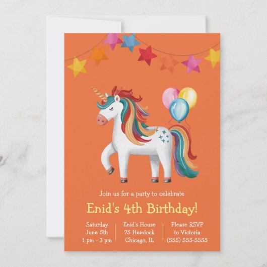 Rainbow Unicorn, Balloons & Banner Birthday Party Einladung (Vorderseite)