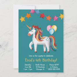 Rainbow Unicorn, Balloons & Banner Birthday Party Einladung