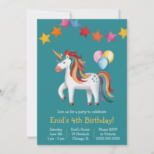 Rainbow Unicorn, Balloons & Banner Birthday Party Einladung (Vorderseite)
