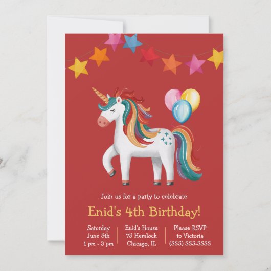 Rainbow Unicorn, Balloons & Banner Birthday Party Einladung (Vorderseite)